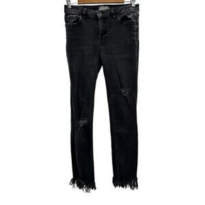Free People Dark Gray Stone Wash Mid Rise Distressed Raw Hem Cropped Jeans Sz 27
